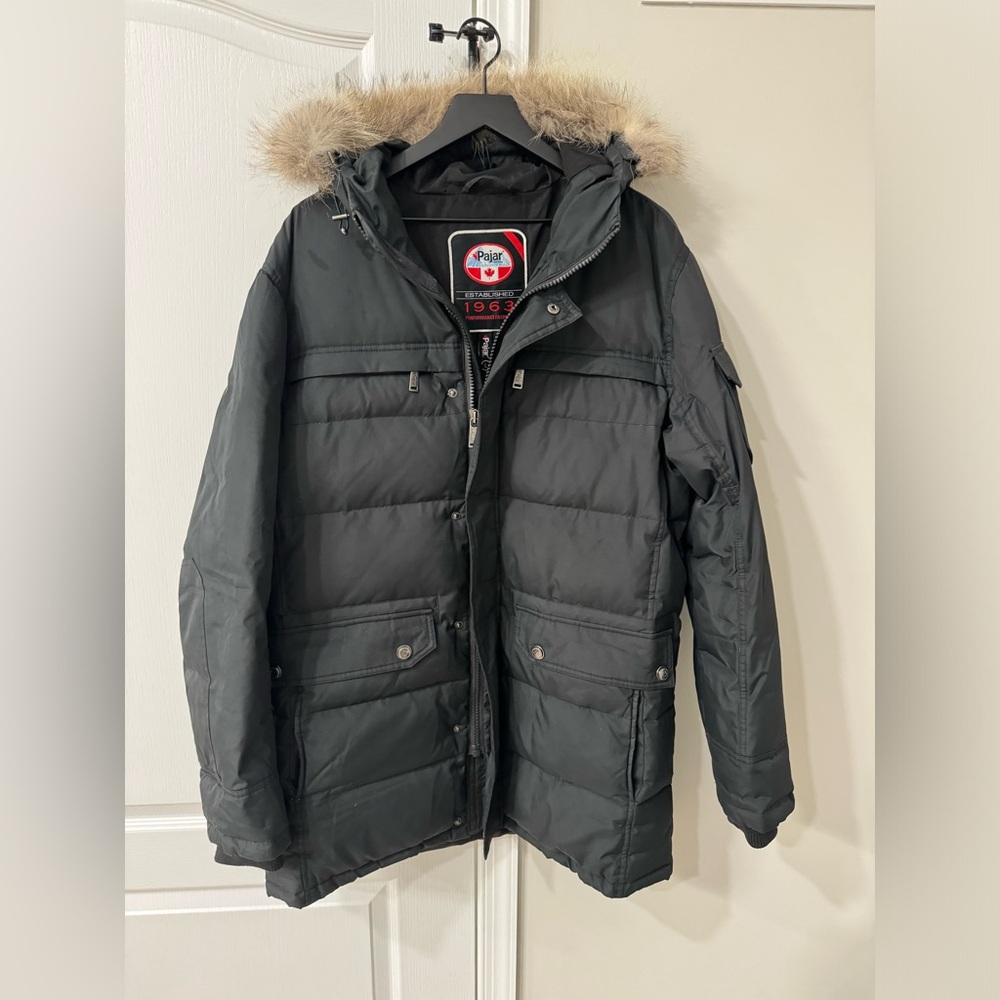 Pajar Mens Mid Length Down Parka with Fur Hood